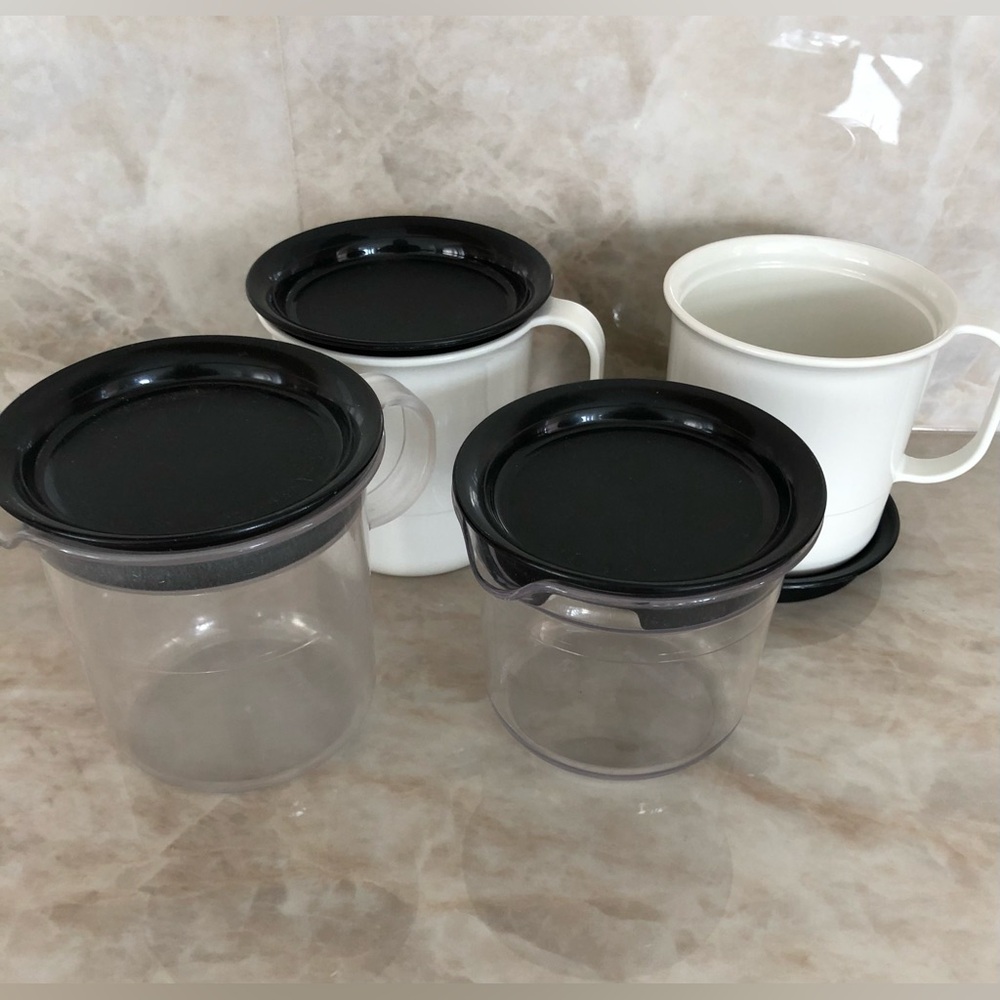Set of Tupperware Mugs & covers or coasters and creamer & sugar